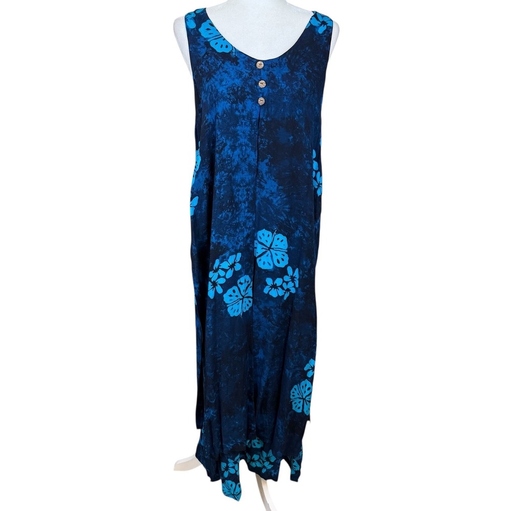 Young Fashion Maxi Dress Large Blue Floral Batik Hawaiian Sleeveless Layered